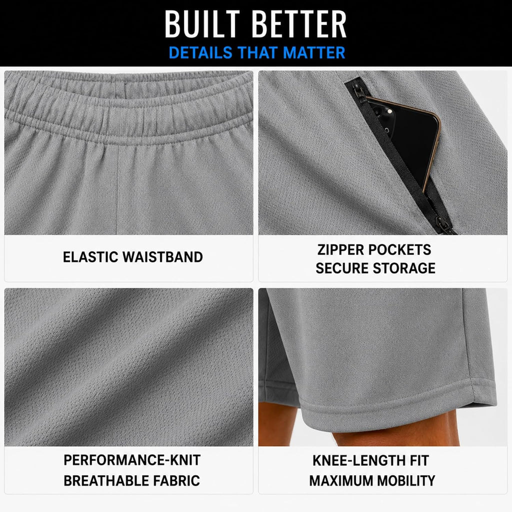 Mens 4 Pack Dry-Fit Athletic Performance Gym Shorts | Lightweight Moisture Wicking Fabric with a Breathable Elastic Waist, Built for Workouts, Running and Active Days, Pockets