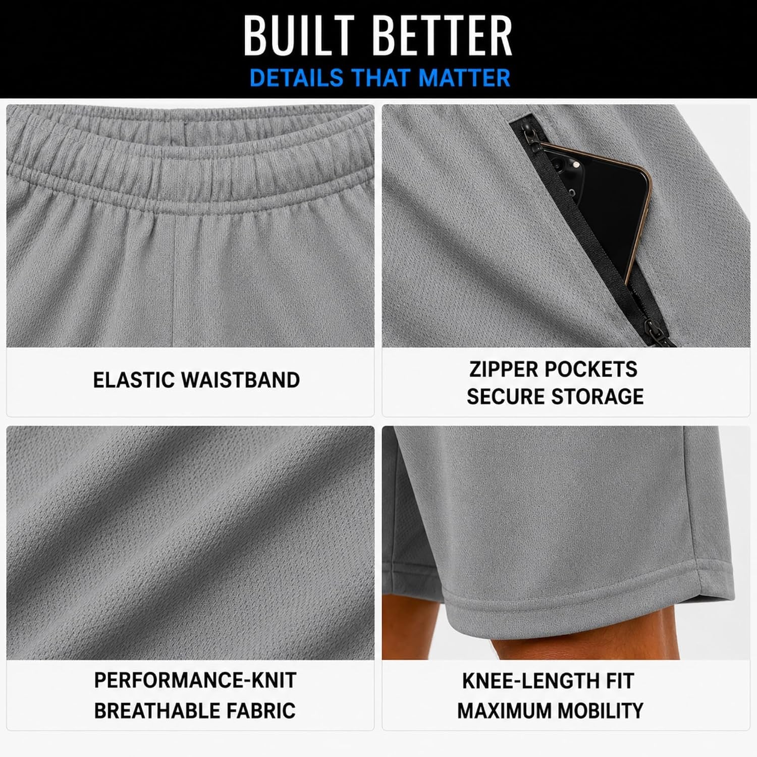 Mens 4 Pack Dry-Fit Athletic Performance Gym Shorts | Lightweight Moisture Wicking Fabric with a Breathable Elastic Waist, Built for Workouts, Running and Active Days, Pockets