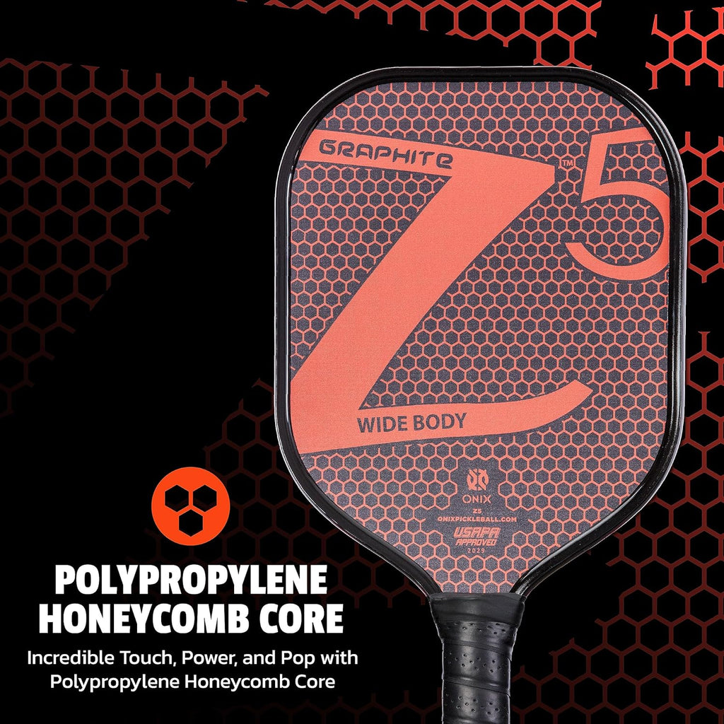 Graphite MOD Z5 Carbon Fiber Pickleball Paddle with Wide-Body Shape. Honeycomb Core, Graphite Face & Cushion Comfort Pickleball Paddle Grip