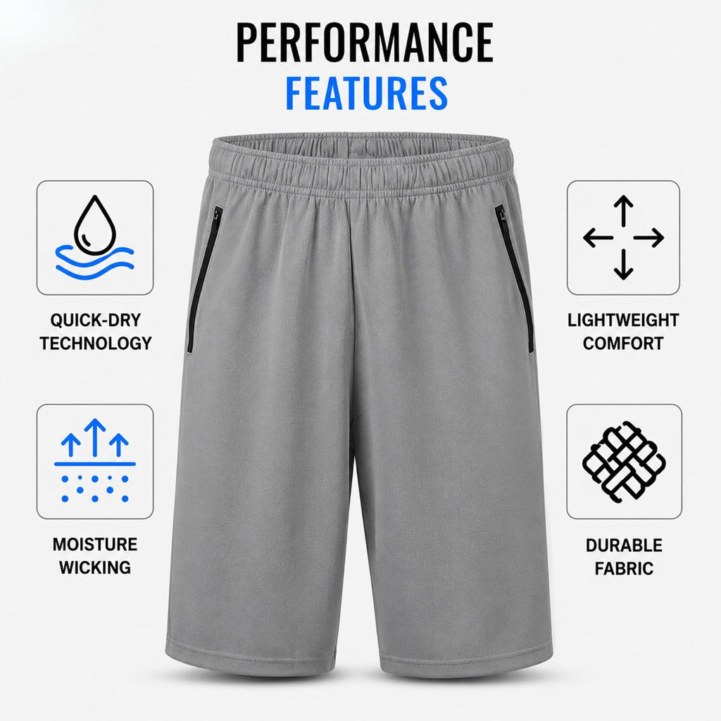 Mens 4 Pack Dry-Fit Athletic Performance Gym Shorts | Lightweight Moisture Wicking Fabric with a Breathable Elastic Waist, Built for Workouts, Running and Active Days, Pockets