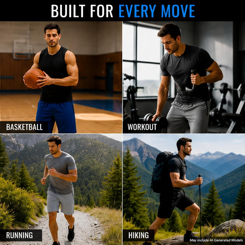 Mens 4 Pack Dry-Fit Athletic Performance Gym Shorts | Lightweight Moisture Wicking Fabric with a Breathable Elastic Waist, Built for Workouts, Running and Active Days, Pockets