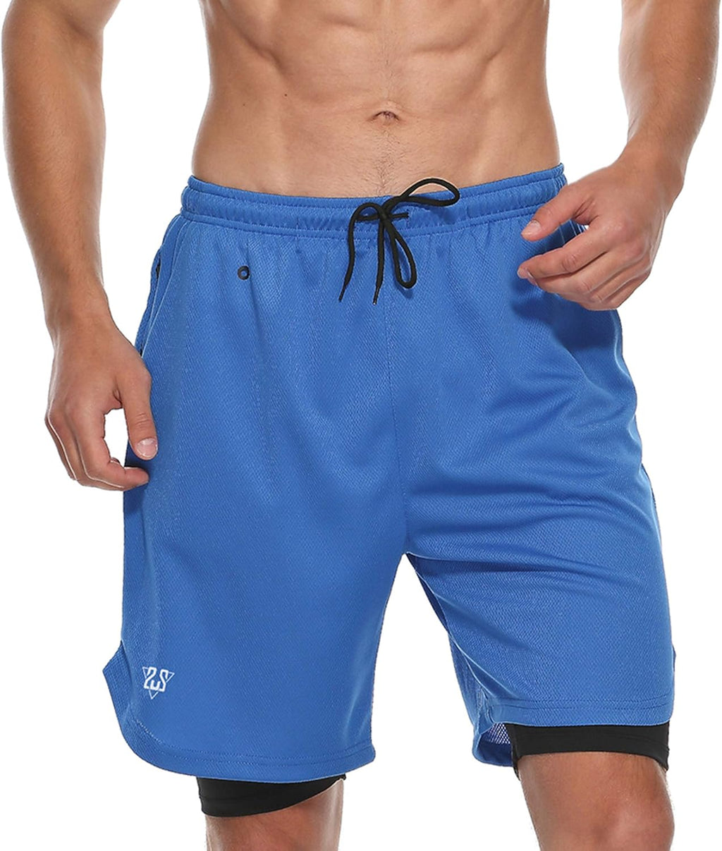 Mens 2 in 1 Running Shorts Summer Training Gym Quick Dry Workout Shorts with Pocket&Headphone Hole