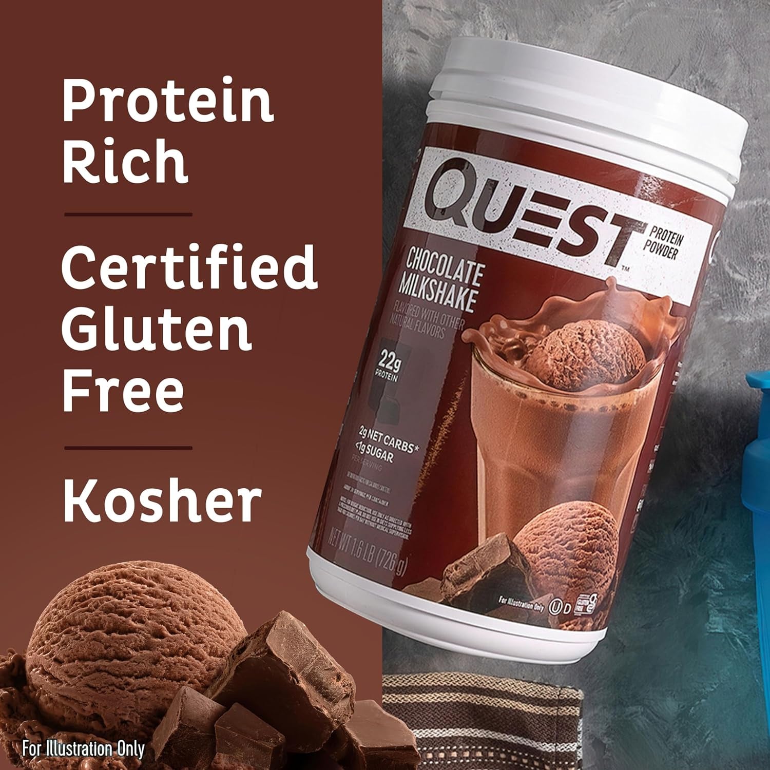 Nutrition Chocolate Milkshake Protein Powder, 22G Protein, 2G Net Carbs, 1G Sugar, Low Carb, Gluten Free, 1.6 Pound, 24 Servings