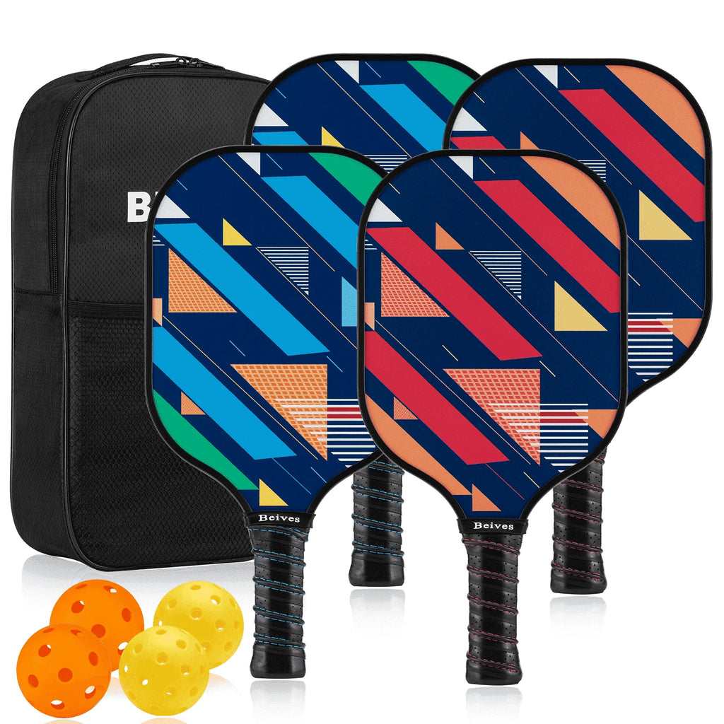 Pickleball Paddles Set of 4 with 4 Balls & Carry Bag - Lightweight 7.9Oz Fiberglass Racket, Non-Slip Comfort Grip, for Men & Women
