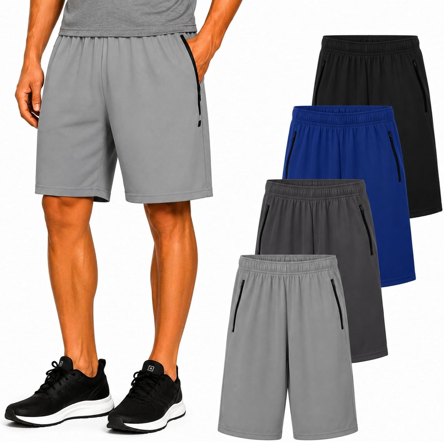 Mens 4 Pack Dry-Fit Athletic Performance Gym Shorts | Lightweight Moisture Wicking Fabric with a Breathable Elastic Waist, Built for Workouts, Running and Active Days, Pockets
