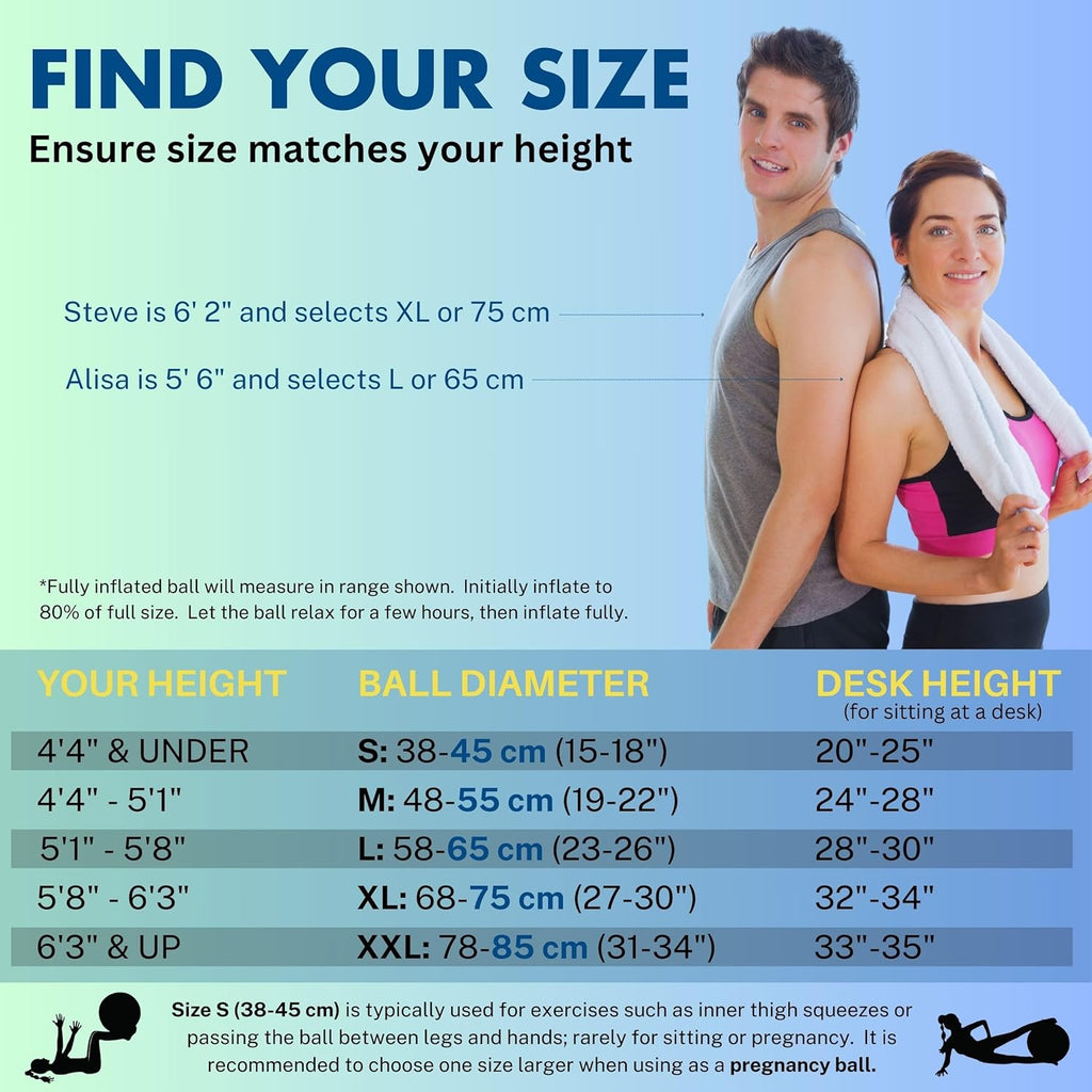 Yoga Ball - Gym Grade Exercise Ball | Sizes 45/55/65/75/85 Cm, 880 Lb Load, CA 10P Cert, PT & Prenatal Use, Recommended by Obs, Pump