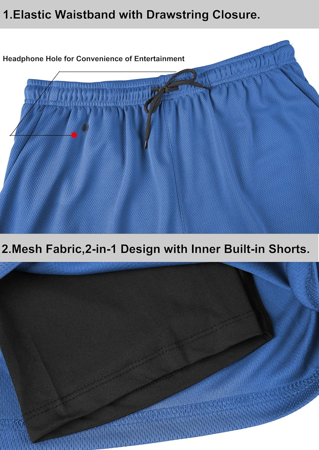 Mens 2 in 1 Running Shorts Summer Training Gym Quick Dry Workout Shorts with Pocket&Headphone Hole