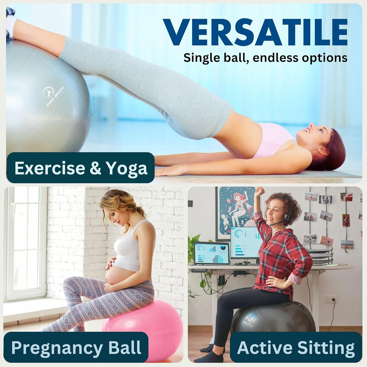 Yoga Ball - Gym Grade Exercise Ball | Sizes 45/55/65/75/85 Cm, 880 Lb Load, CA 10P Cert, PT & Prenatal Use, Recommended by Obs, Pump
