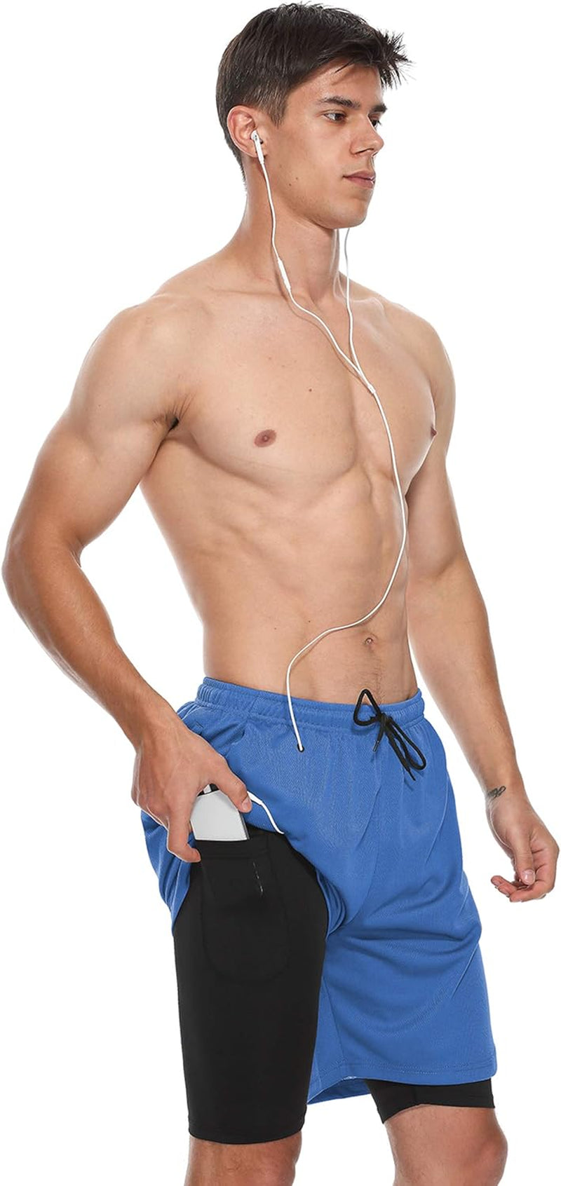 Mens 2 in 1 Running Shorts Summer Training Gym Quick Dry Workout Shorts with Pocket&Headphone Hole
