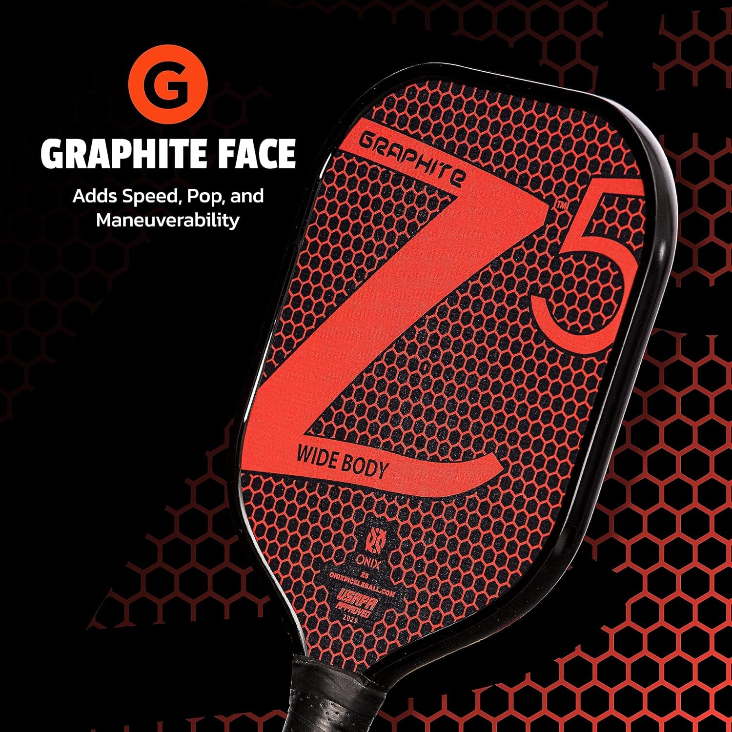 Graphite MOD Z5 Carbon Fiber Pickleball Paddle with Wide-Body Shape. Honeycomb Core, Graphite Face & Cushion Comfort Pickleball Paddle Grip